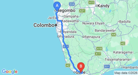 Driving route map: Colombo Airport (CMB) to Ivory House, Galle (162 km, approx 2 h 13 min private transfer)