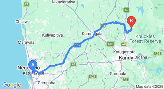 Driving route map: Colombo Airport (CMB) to Raththota Longville, Matale (130 km, approx 3 h 4 min private transfer)