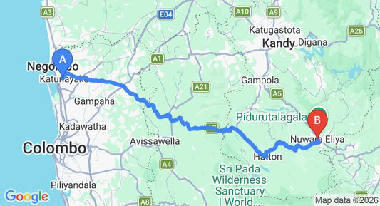 Driving route map: Colombo Airport (CMB) to Hill Cool Restaurant, Nuwara Eliya (152 km, approx 4 h 41 min private transfer)