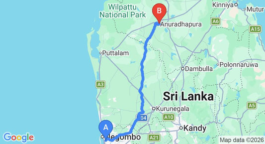 Driving route map: Colombo Airport (CMB) to London Palace, Anuradhapura (176 km, approx 3 h 49 min private transfer)