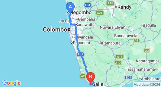 Driving route map: Colombo Airport (CMB) to Galle Bungalow, Galle (153 km, approx 2 h 13 min private transfer)