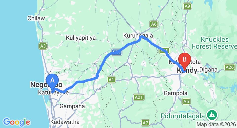 Driving route map: Colombo Airport (CMB) to Mountain Breeze, Kandy (112 km, approx 2 h 46 min private transfer)