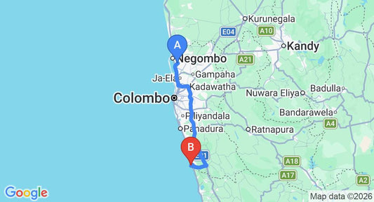 Driving route map: Colombo Airport (CMB) to Barberyn Reef Ayurveda Resort, Beruwala (109 km, approx 1 h 45 min private transfer)