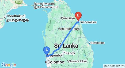 Driving route map: Colombo Airport (CMB) to Summer Guest House, Trincomalee (238 km, approx 4 h 50 min private transfer)