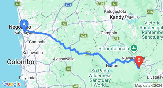 Driving route map: Colombo Airport (CMB) to Ambewela (164 km, approx 5 h 6 min private transfer)