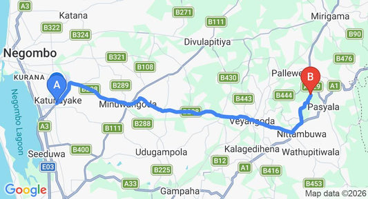 Driving route map: Colombo Airport (CMB) to Kumbaloluwa (31 km, approx 1 h 1 min private transfer)