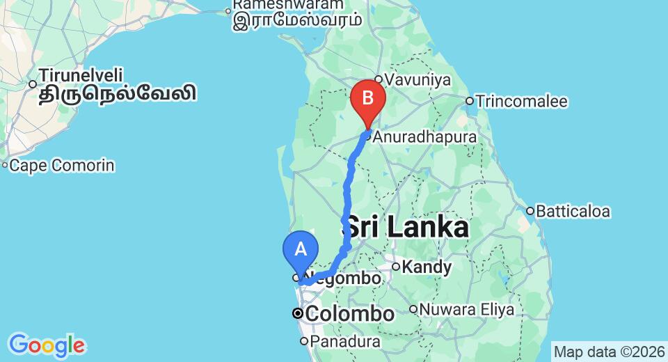 Driving route map: Colombo Airport (CMB) to Avasta Resort and Spa, Anuradhapura (177 km, approx 3 h 50 min private transfer)