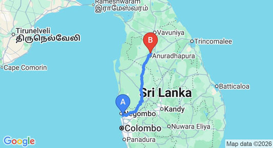Driving route map: Colombo Airport (CMB) to Avasta Resort and Spa, Anuradhapura (177 km, approx 3 h 50 min private transfer)