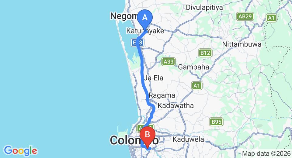 Driving route map: Colombo Airport (CMB) to Atrium - ICONIC APARMENT, Colombo (35 km, approx 48 min private transfer)