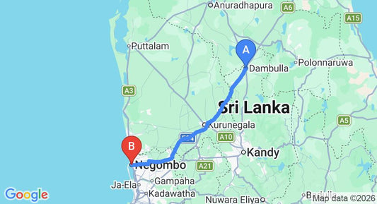 Driving route map: Dambulla to Negombo (131 km, approx 2 h 46 min private transfer)