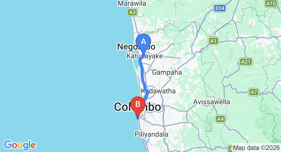 Driving route map: Colombo Airport (CMB) to W15 Colombo, Colombo (39 km, approx 57 min private transfer)