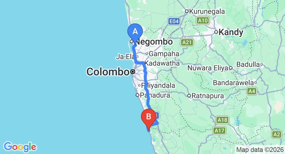 Driving route map: Colombo Airport (CMB) to Villa 700, Induruwa (112 km, approx 1 h 47 min private transfer)