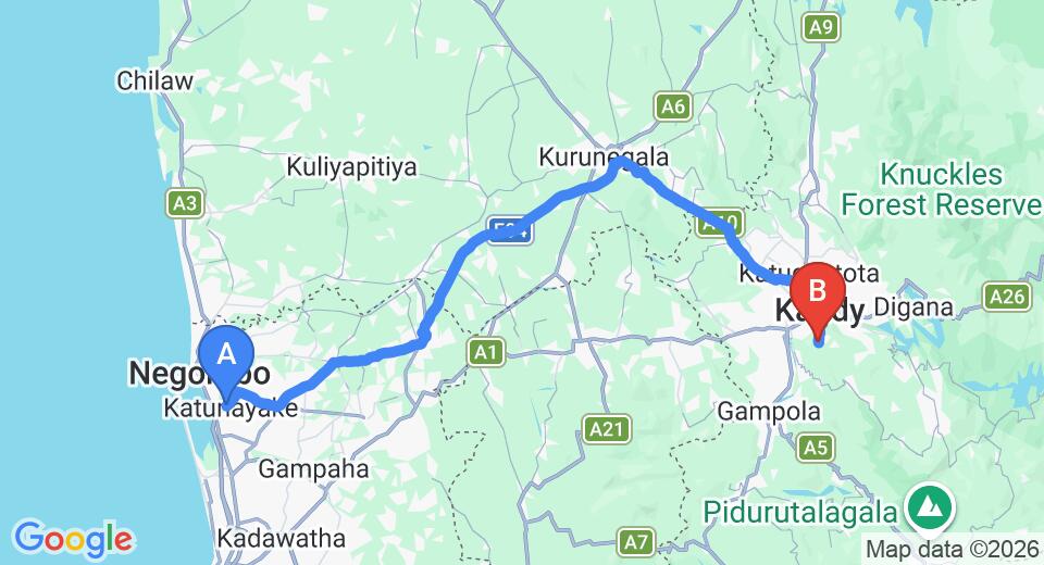 Driving route map: Colombo Airport (CMB) to W15 Hanthana Estate Kandy, Kandy (121 km, approx 3 h 12 min private transfer)