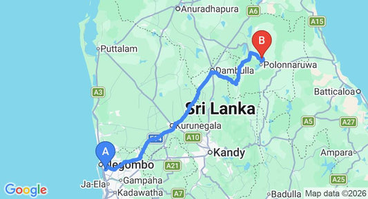 Driving route map: Colombo Airport (CMB) to Heritage, Polonnaruwa (200 km, approx 4 h 9 min private transfer)