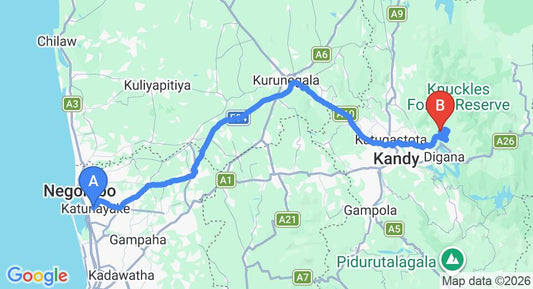 Driving route map: Colombo Airport (CMB) to Santani Resort and Spa, Kandy (138 km, approx 3 h 45 min private transfer)