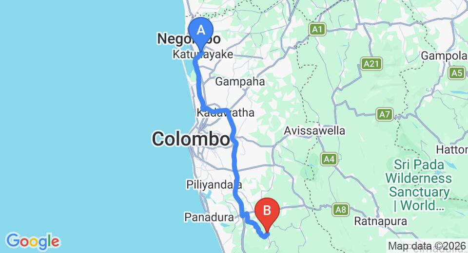 Driving route map: Colombo Airport (CMB) to Tariro Game Lodge, Yala (77 km, approx 1 h 23 min private transfer)