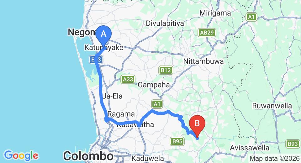 Driving route map: Colombo Airport (CMB) to Lunugama (51 km, approx 1 h 10 min private transfer)