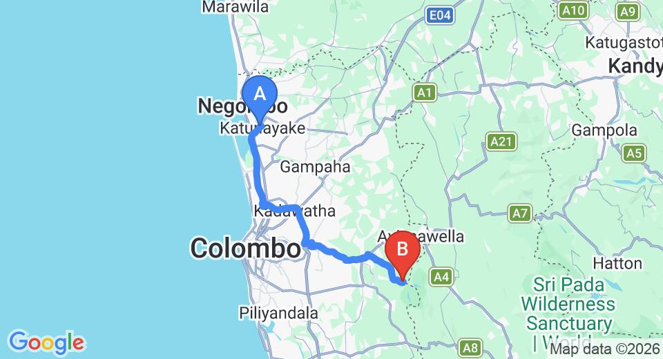 Driving route map: Colombo Airport (CMB) to Thummodara (66 km, approx 1 h 31 min private transfer)