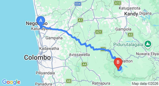 Driving route map: Colombo Airport (CMB) to Slightly Chilled Guest House, Hatton (131 km, approx 4 h 19 min private transfer)
