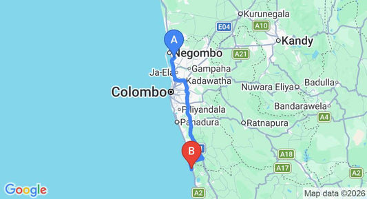 Driving route map: Colombo Airport (CMB) to Ocean of Life Ayurvedic Resort, Induruwa (113 km, approx 1 h 48 min private transfer)
