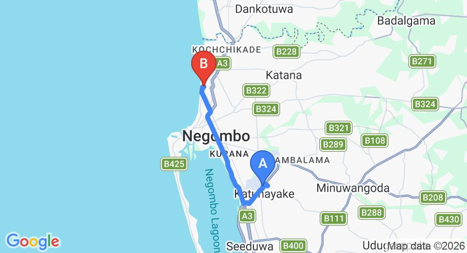 Driving route map: Colombo Airport (CMB) to St. Lachlan Hotel and Suites, Negombo (13 km, approx 32 min private transfer)