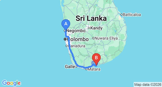 Driving route map: Colombo Airport (CMB) to Good Karma Hotel, Tangalle (223 km, approx 3 h 3 min private transfer)