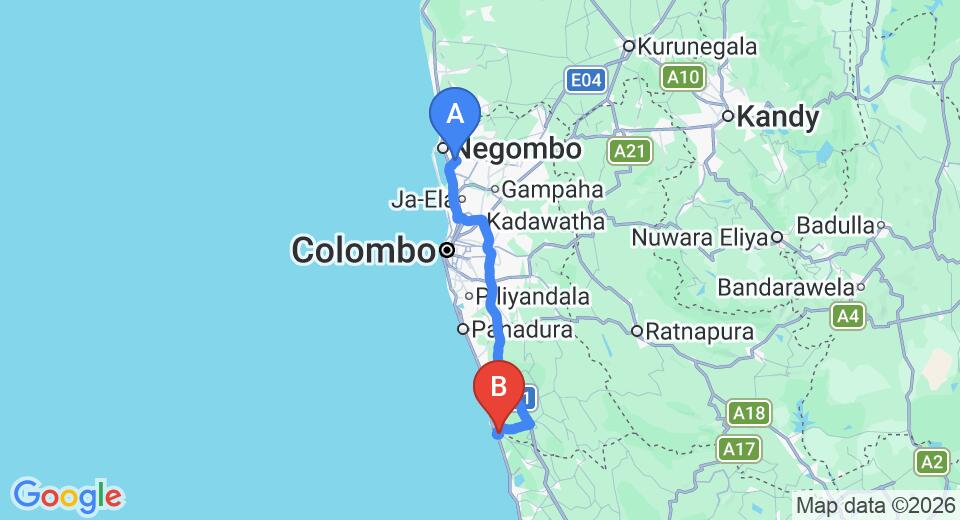 Driving route map: Colombo Airport (CMB) to Riverside Inn Fuji, Bentota (108 km, approx 1 h 41 min private transfer)