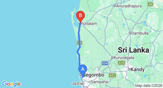 Driving route map: Colombo Airport (CMB) to Ranketha Guest House and Restaurant, Puttalam (107 km, approx 2 h 40 min private transfer)