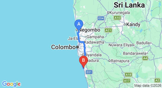 Driving route map: Colombo Airport (CMB) to Oasey Hotel And Resturant, Kalutara (83 km, approx 1 h 30 min private transfer)