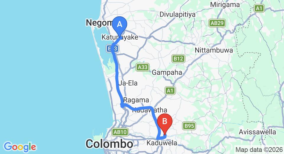 Driving route map: Colombo Airport (CMB) to Dilruk Caterers, Biyagama (40 km, approx 43 min private transfer)