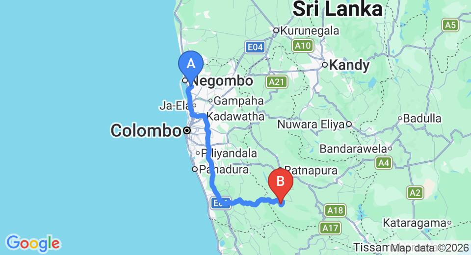 Driving route map: Colombo Airport (CMB) to Boulder Gardens, Kalawana (136 km, approx 2 h 32 min private transfer)