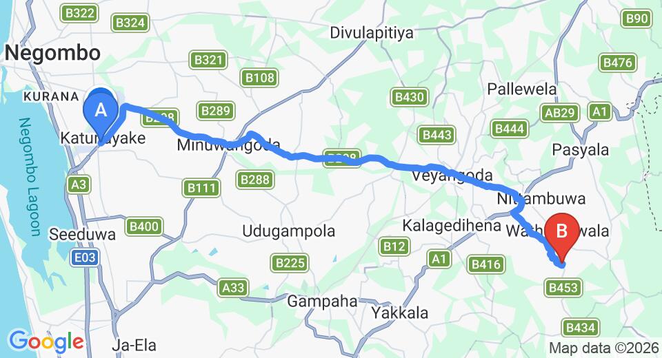 Driving route map: Colombo Airport (CMB) to Ruggahawila (32 km, approx 1 h 4 min private transfer)