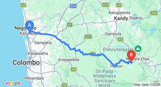Driving route map: Colombo Airport (CMB) to Amaya Langdale, Nuwara Eliya (144 km, approx 4 h 23 min private transfer)