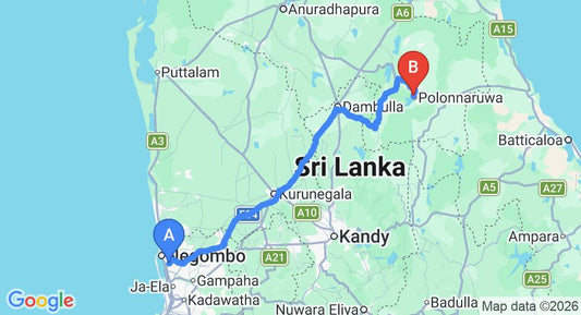 Driving route map: Colombo Airport (CMB) to The Lake, Polonnaruwa (198 km, approx 4 h 7 min private transfer)