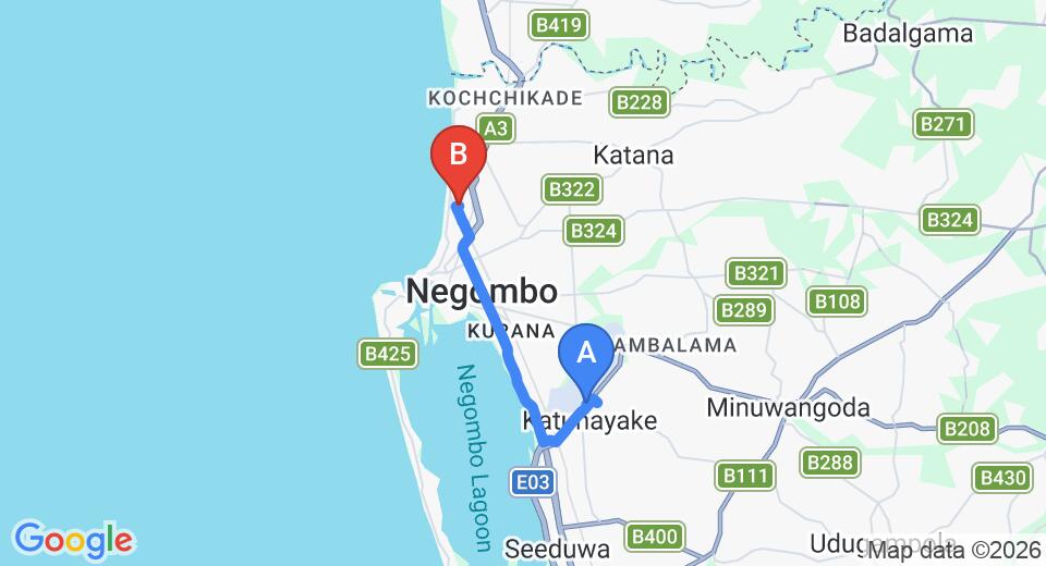 Driving route map: Colombo Airport (CMB) to Hotel Romano, Negombo (12 km, approx 30 min private transfer)