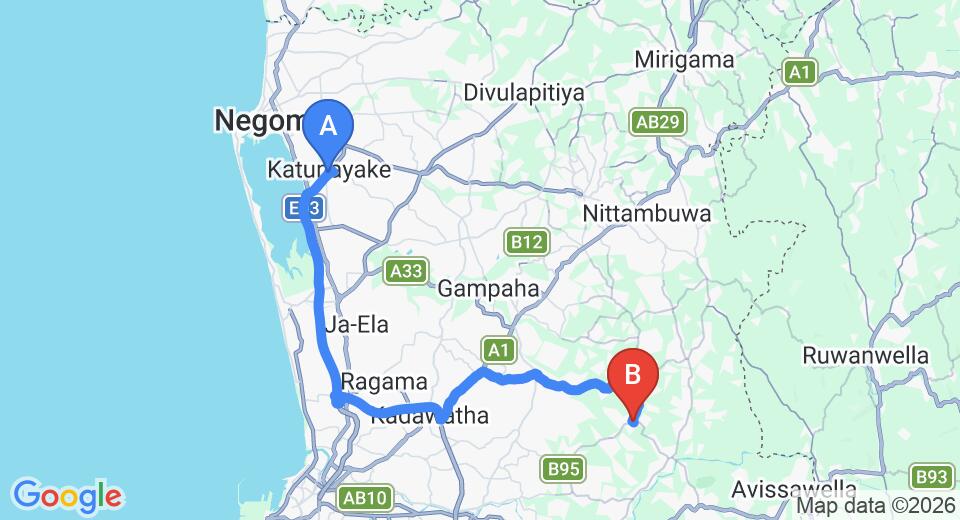Driving route map: Colombo Airport (CMB) to Mandawala (52 km, approx 1 h 10 min private transfer)