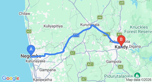 Driving route map: Negombo to Kandy (116 km, approx 2 h 50 min private transfer)