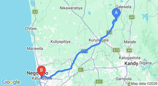Driving route map: Melsiripura to Colombo Airport (CMB) (103 km, approx 2 h 18 min private transfer)