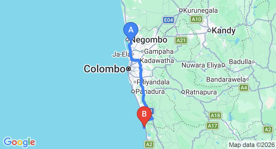 Driving route map: Colombo Airport (CMB) to Sri Villas, Induruwa (114 km, approx 1 h 49 min private transfer)