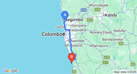 Driving route map: Colombo Airport (CMB) to Sri Villas, Induruwa (114 km, approx 1 h 49 min private transfer)