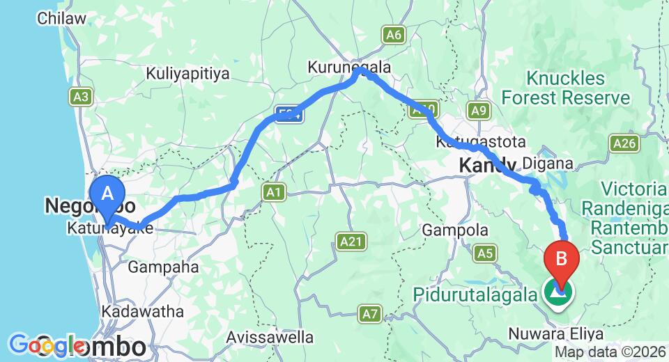 Driving route map: Colombo Airport (CMB) to Mandaramnuwara (169 km, approx 4 h 42 min private transfer)