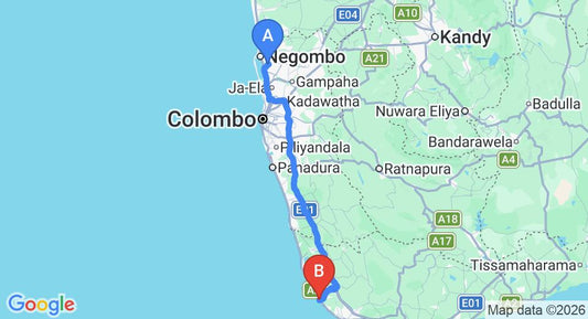 Driving route map: Colombo Airport (CMB) to Shanthi Guest House , Galle (143 km, approx 2 h 7 min private transfer)