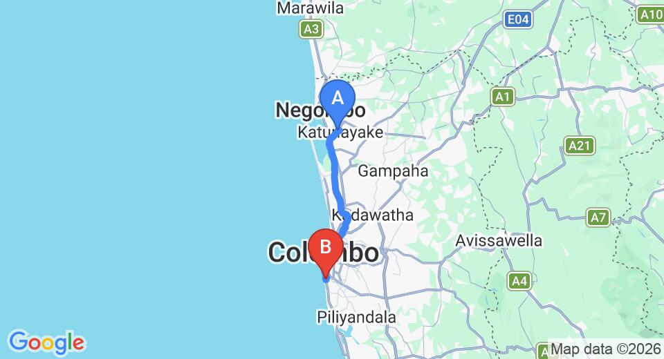 Driving route map: Colombo Airport (CMB) to Chapelton House, Colombo (38 km, approx 55 min private transfer)