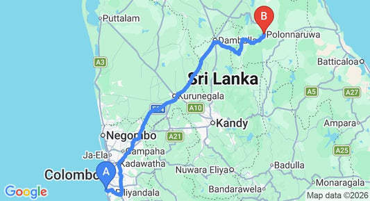 Driving route map: Ratmalana (RML) Airport to Polonnaruwa (237 km, approx 5 h 4 min private transfer)