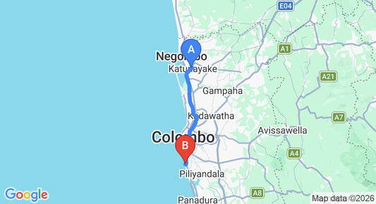 Driving route map: Colombo Airport (CMB) to Ranveli Beach Resort, Mount Lavinia (43 km, approx 1 h 10 min private transfer)