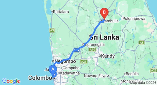 Driving route map: Colombo Seaport to Kandalama (173 km, approx 3 h 37 min private transfer)