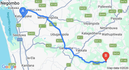 Driving route map: Colombo Airport (CMB) to Comilla Bungalow, Gampaha (34 km, approx 1 h 7 min private transfer)