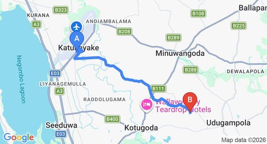 Driving route map: Colombo Airport (CMB) to Uggalboda (11 km, approx 25 min private transfer)