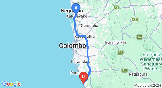 Driving route map: Colombo Airport (CMB) to Mermaid Hotel Club, Kalutara (79 km, approx 1 h 24 min private transfer)