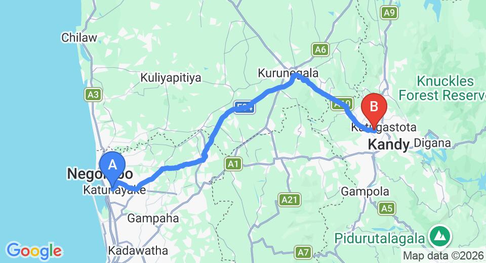 Driving route map: Colombo Airport (CMB) to The Mansion, Kandy (105 km, approx 2 h 29 min private transfer)